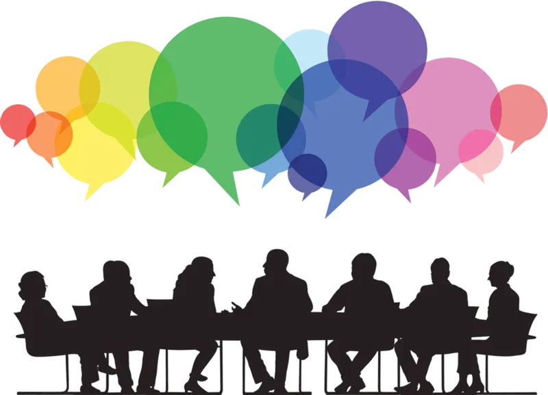 Professionnels en réunion, représentés en silhouettes sous des bulles de dialogue multicolores